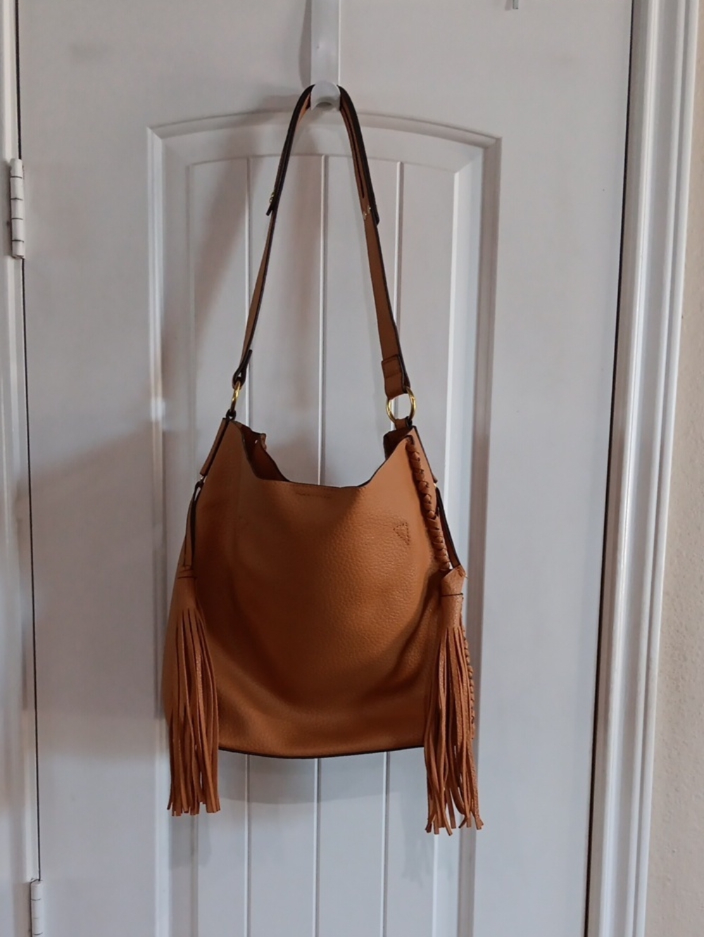 Sondra Roberts Squared Cognac Whipstitch Fringe Boho Hobo Shoulder Bag